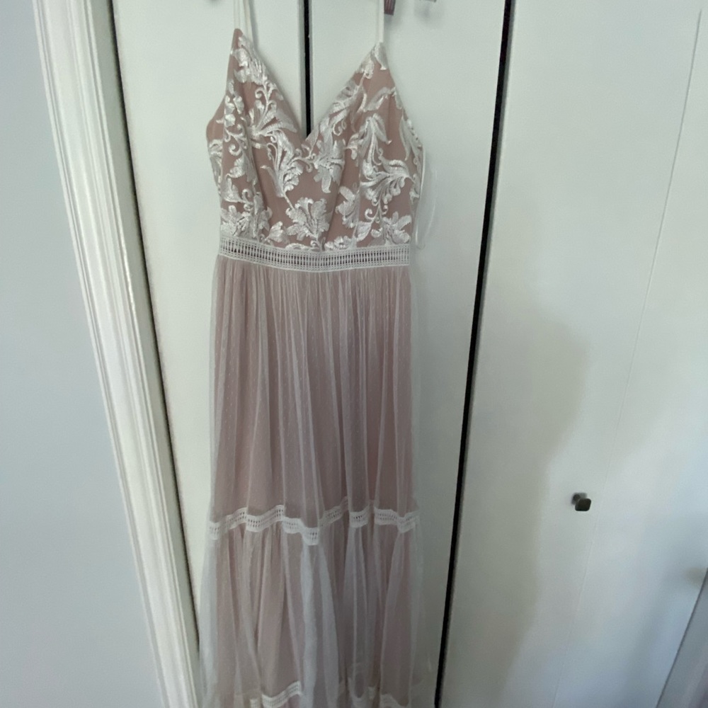 Lulus Maxi Dress. Beige With white overlay